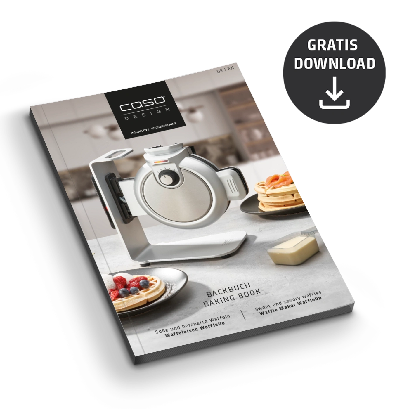 Backbuch mit Waffeleisen und Gratis-Download-Button