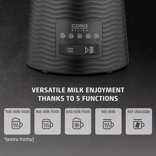 Milk frother with 5 functions: hot milk foam, cold milk foam, hot milk, hot chocolate.