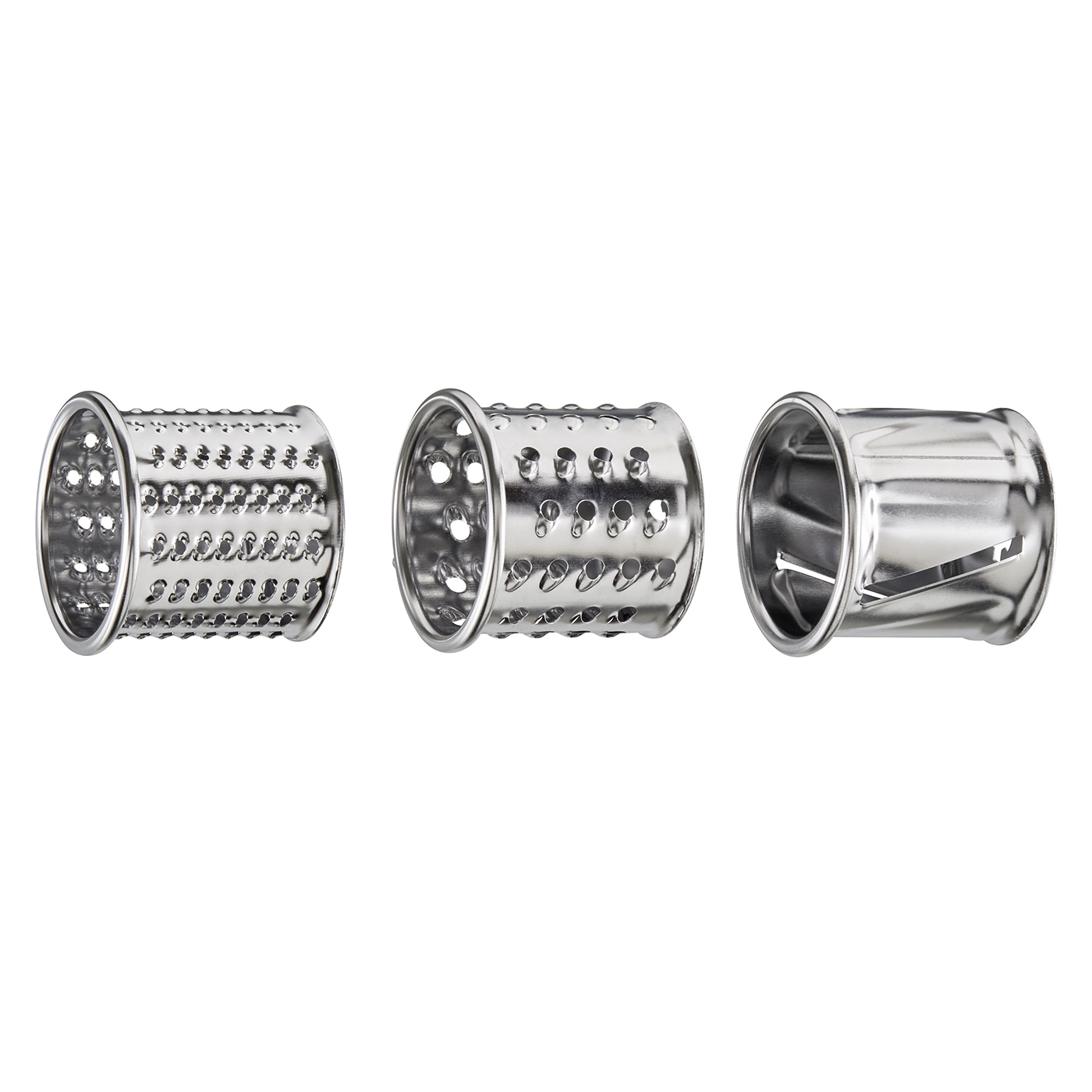 Three metal graters lying side by side on a white background.