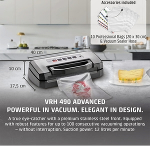 Vacuum sealer with accessories, dimensions, and descriptive text.
