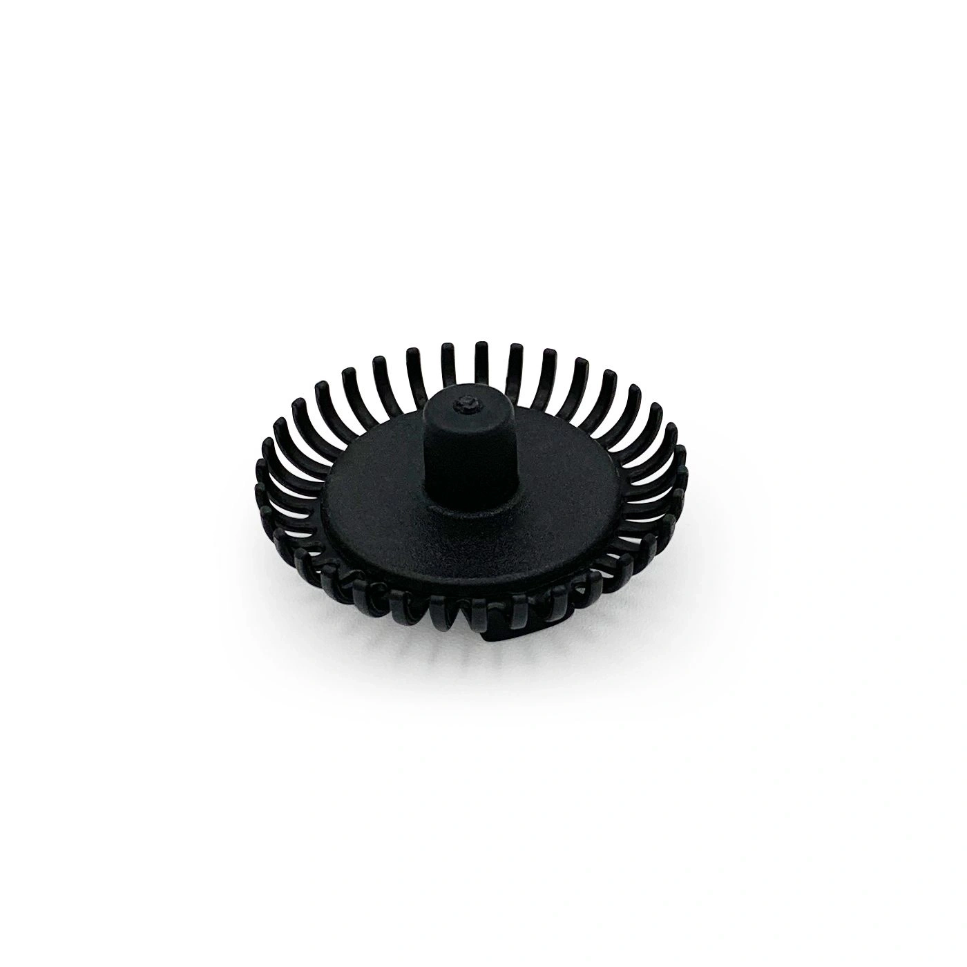 Black object with round teeth and a central cylinder on a white background.