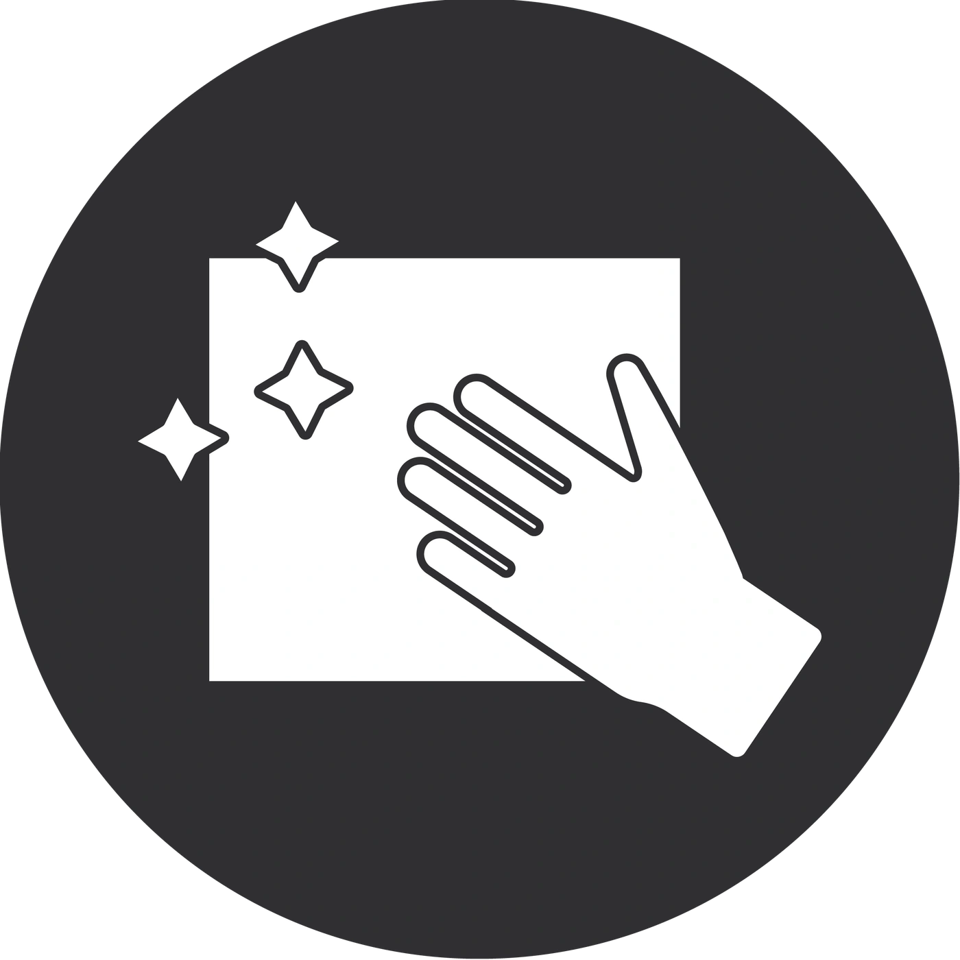 Cleaning symbol with hand and cloth, surrounded by a dark circle and stars