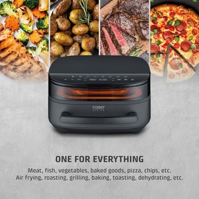 An air fryer multi-cooker with various foods and functions.