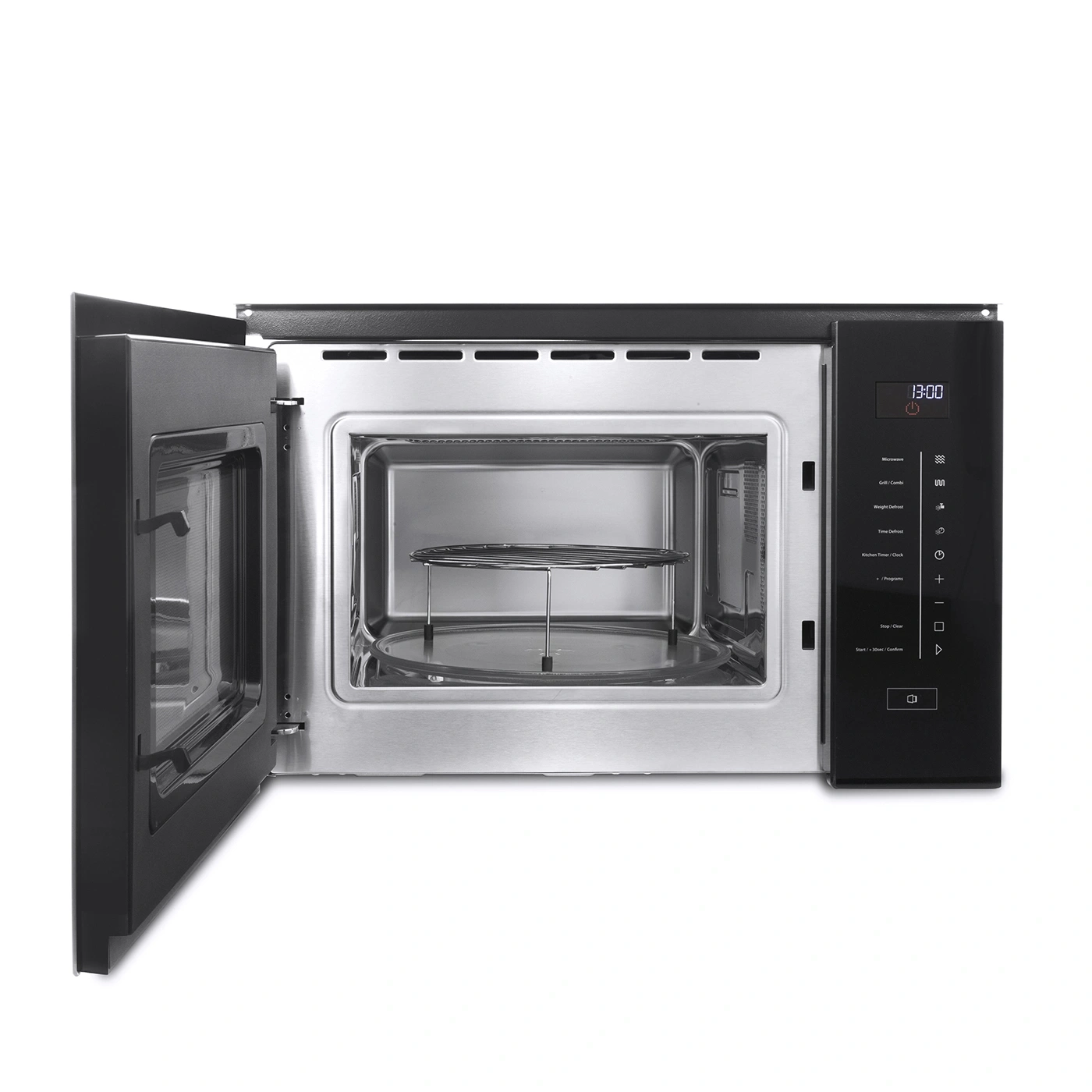Microwave oven with open door, interior, control panel, stainless steel, black