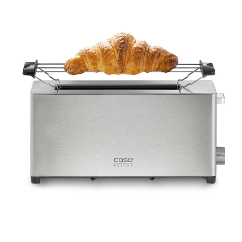 Ein Toaster mit einem Croissant. Edelstahl-Toaster mit Brötchenaufsatz.