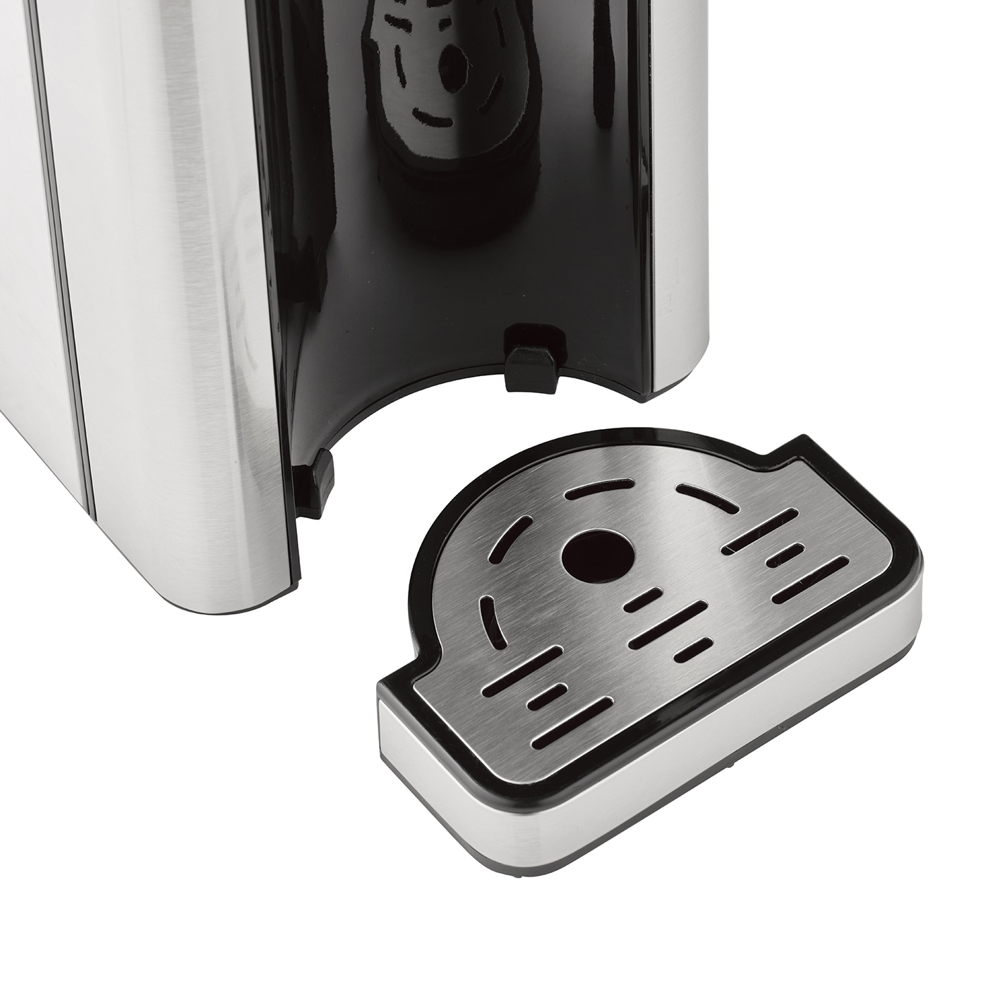 Coffee machine with removable drip tray, stainless steel and black, close-up shot