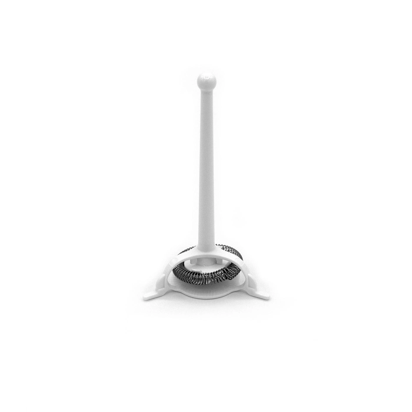 White milk frother with spring and stem on a white background