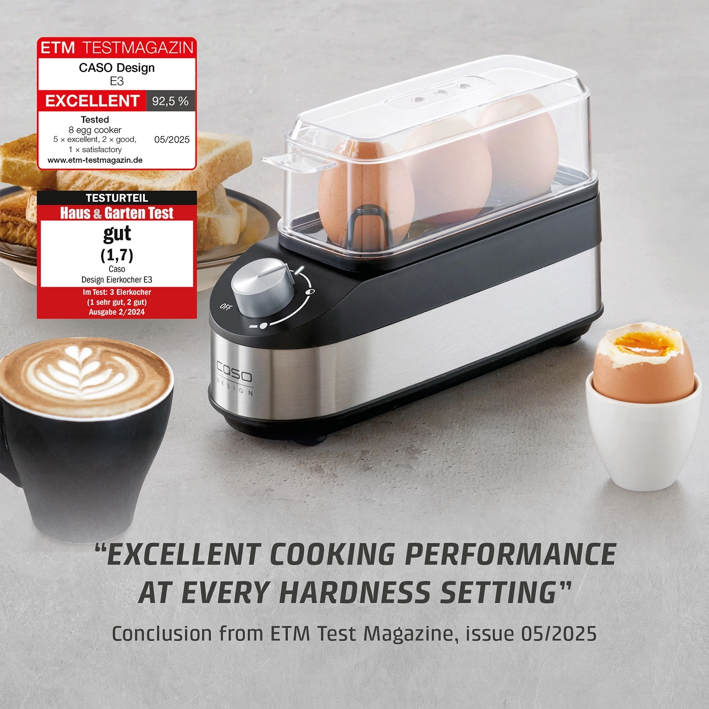 CASO Design egg cooker with three eggs and a cup of coffee