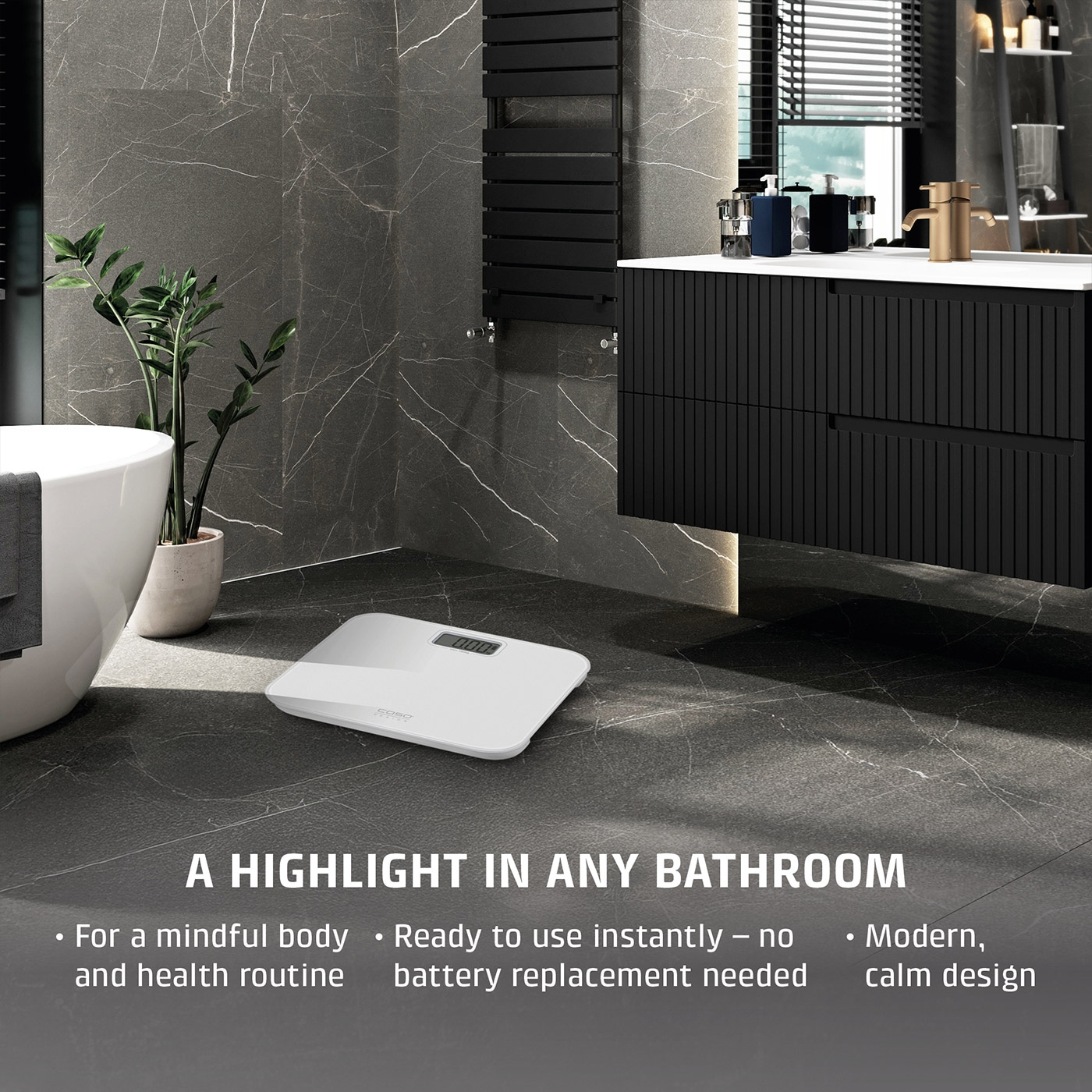 A white bathroom scale in a modern bathroom setting.