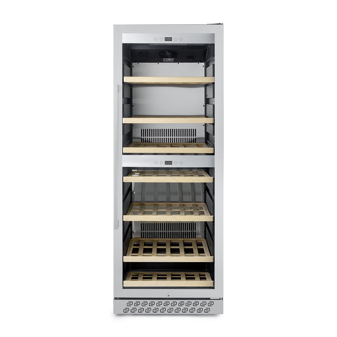 A silver wine cooler with wooden shelves and digital displays.