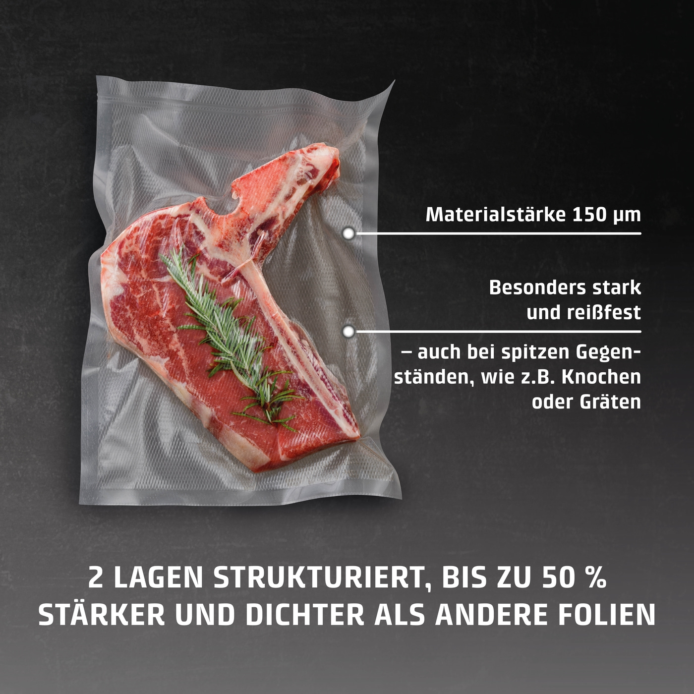 Meat in vacuum bag, material thickness 150 µm, strong and tear-resistant, 2 layers structured
