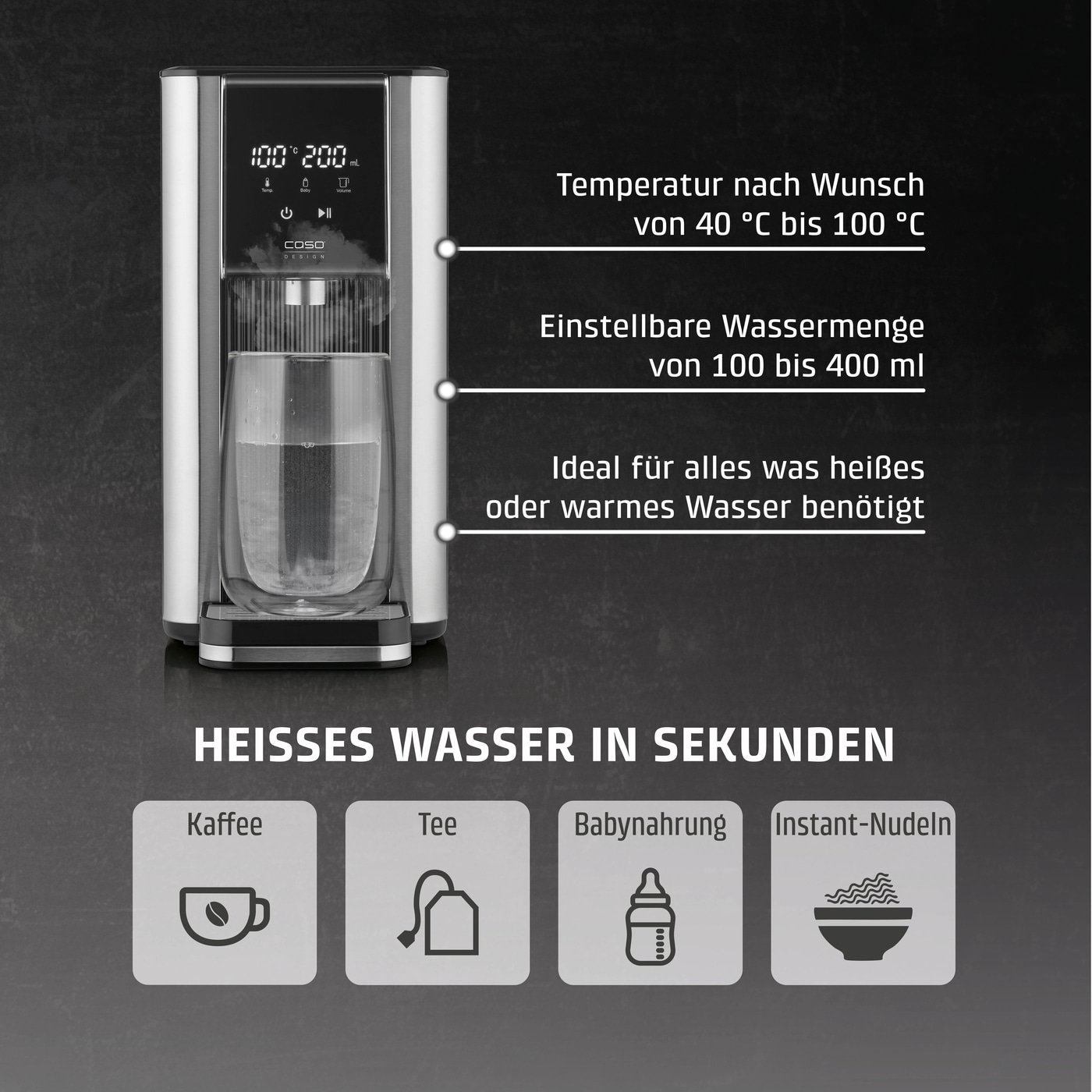 Heißwasserbereiter mit Temperaturregelung und Wassermengenanpassung für Kaffee, Tee, Babynahrung und Instant-Nudeln.