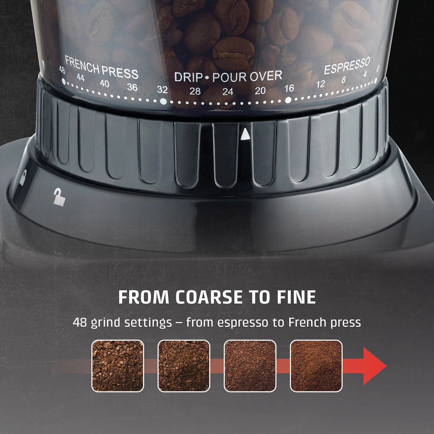 Coffee grinder with grind settings from coarse to fine for espresso to French press.