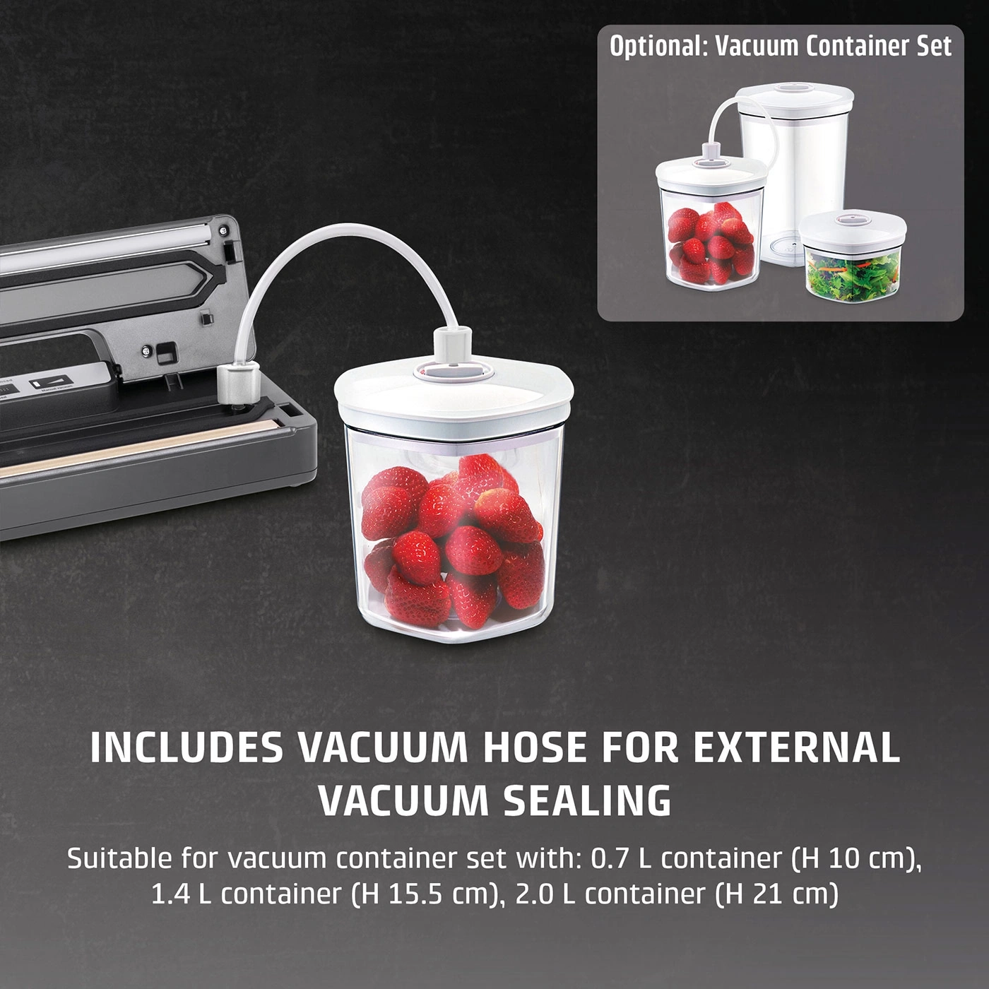 Vacuum sealer with hose and containers for fruits and vegetables