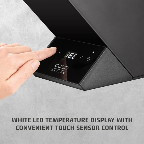 Black device with white LED temperature display and sensor touch operation