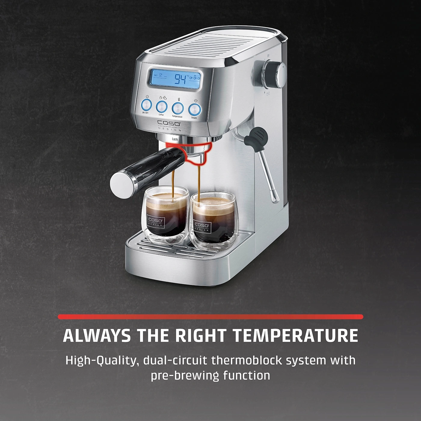Espresso machine with temperature display, two cups of coffee, text: Always the right temperature.