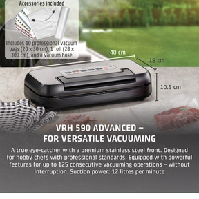 Vacuum sealer with accessories, dimensions, text, stainless steel front, hobby chefs, vacuuming, 12 l/min