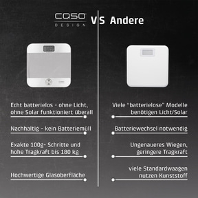 Vergleich von CASO Design Waage mit anderen Waagen, die Batterien benötigen.