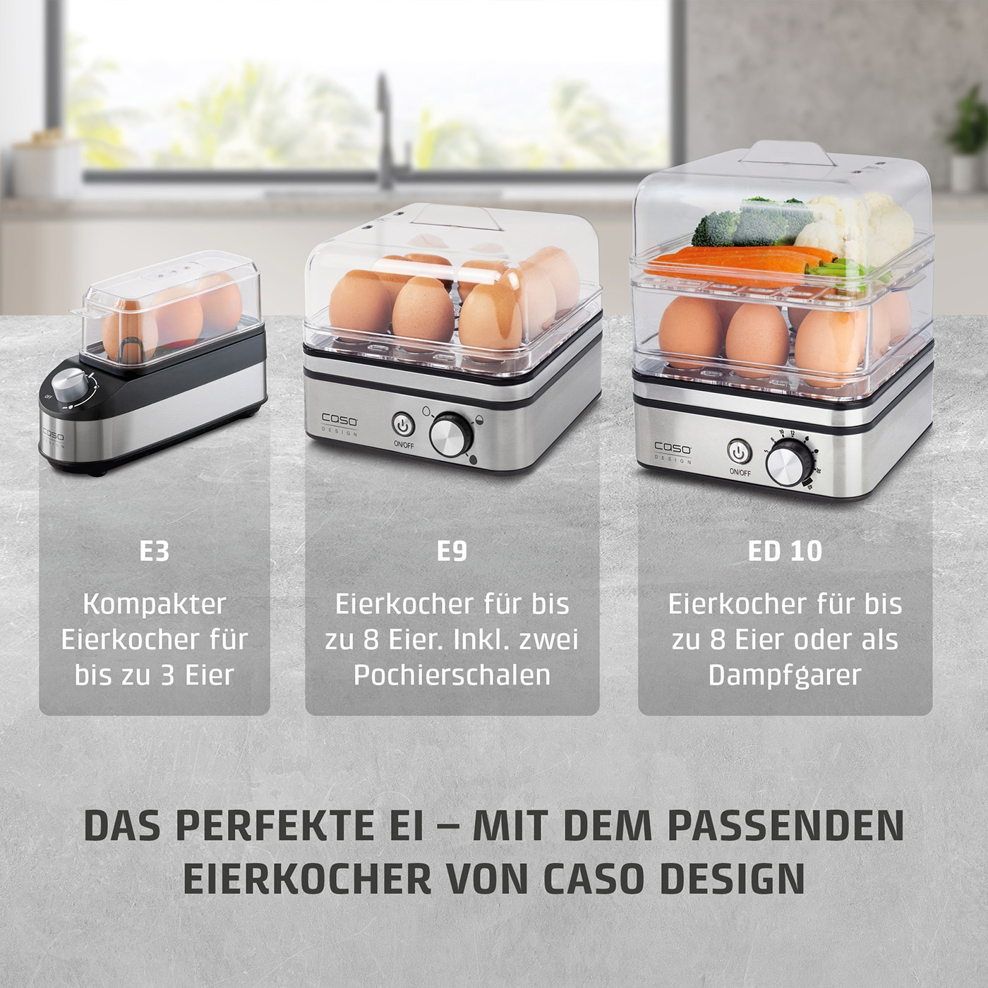 Drei Caso Design Eierkocher: E3, E9 und ED 10, mit Eiern und Gemüse