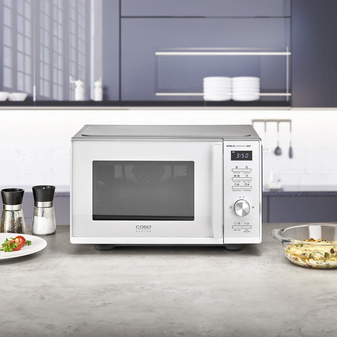 Weißer Ofen mit digitaler Anzeige, Küche, Essen, Caso Design, HCMG 25 CERAMIC Chef