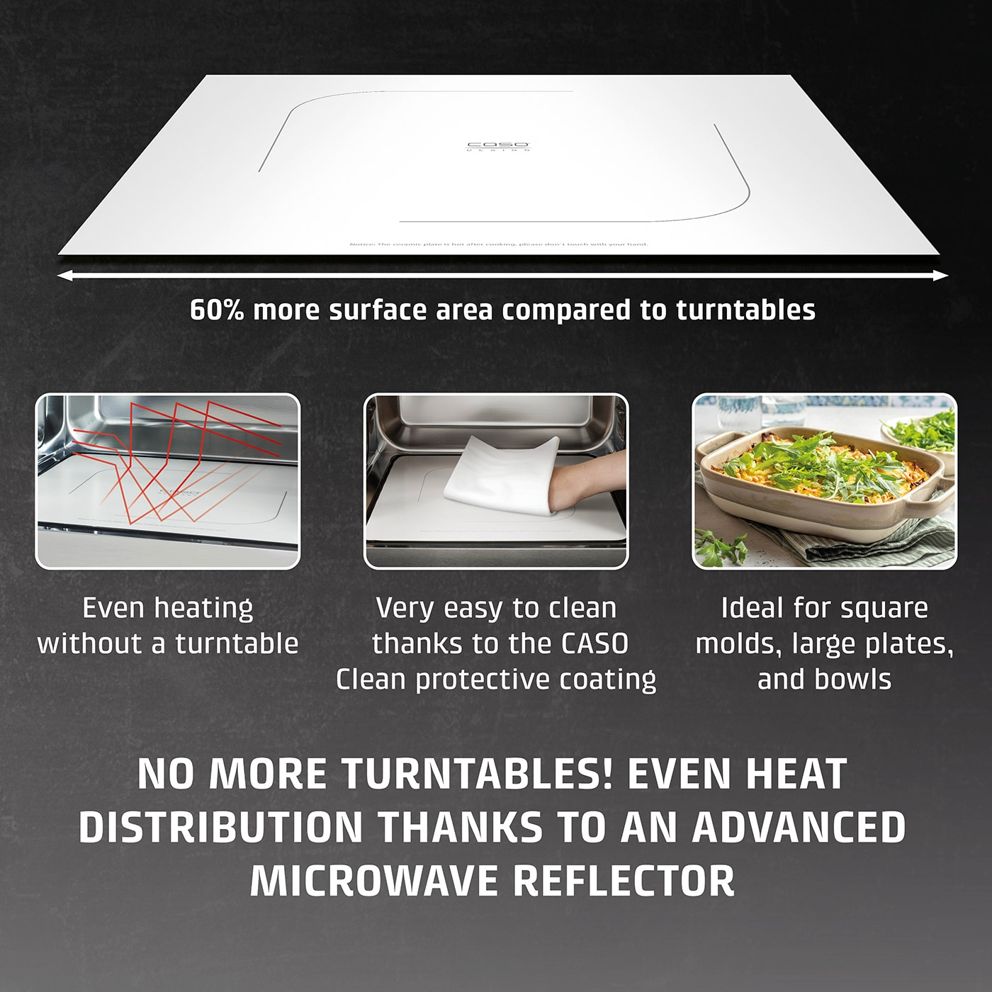 Microwave with larger surface, even heating, and easy cleaning, no turntable.