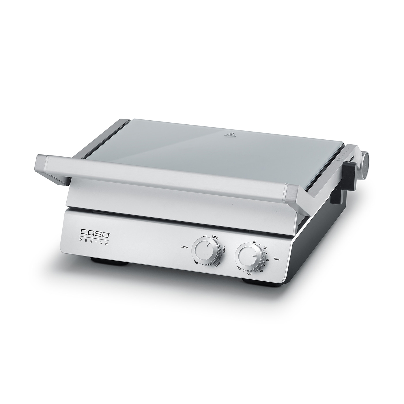 Elektrischer Kontaktgrill mit Temperatur- und Zeiteinstellungen, silberfarben