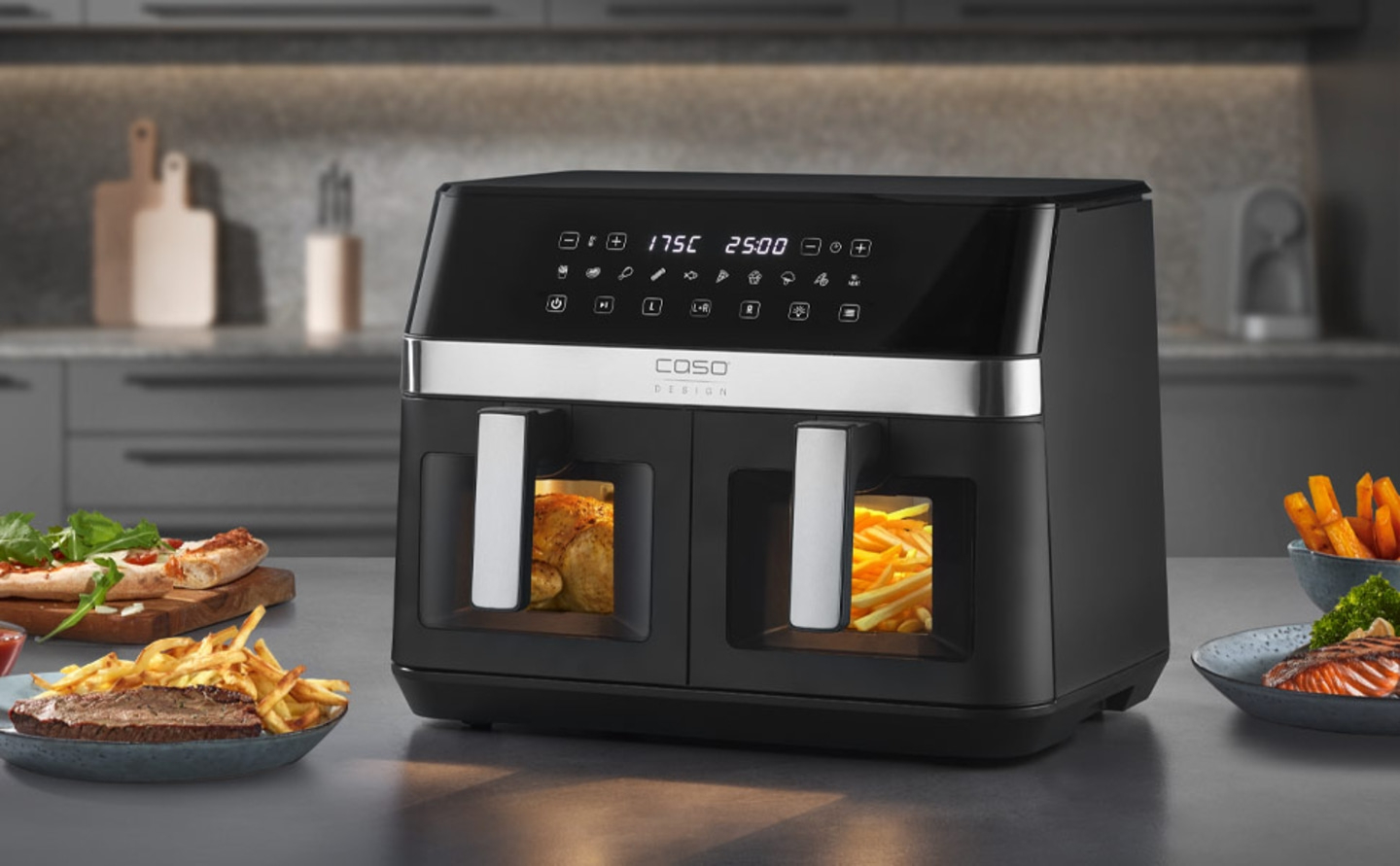 Black air fryer with food, kitchen background, delicious food, cooking appliance