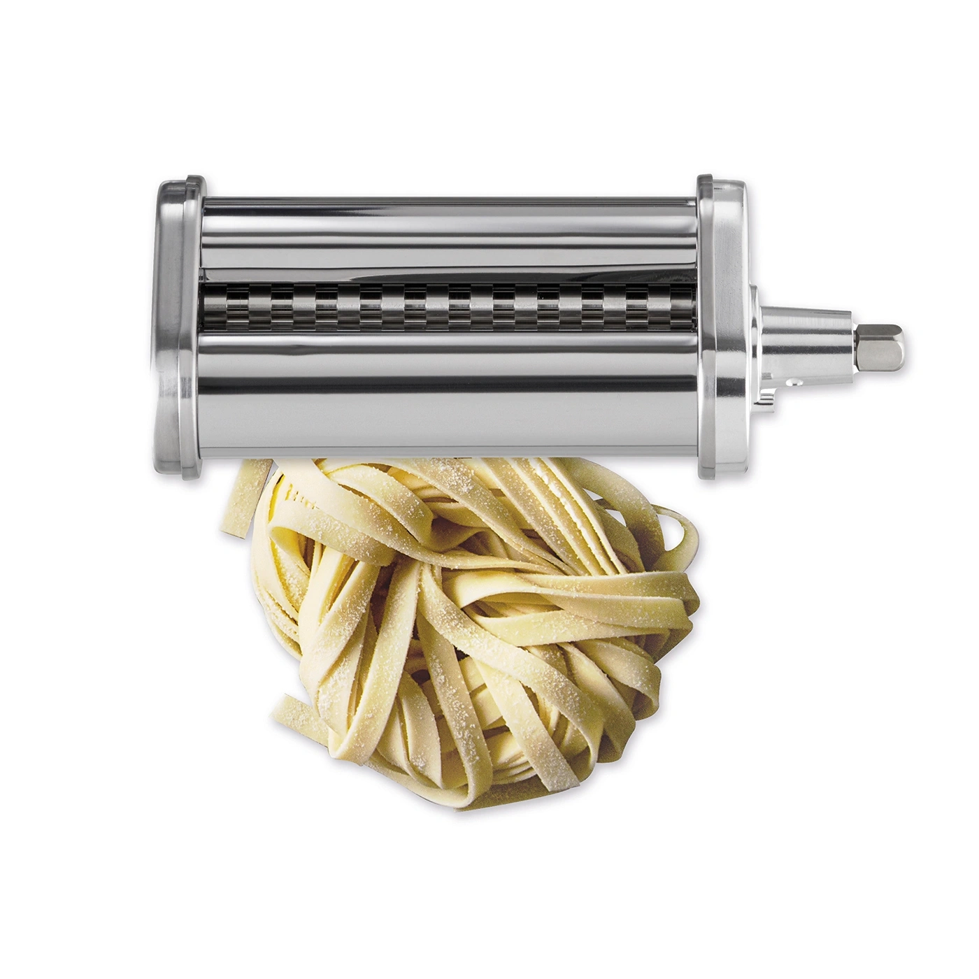 Pasta machine with fresh tagliatelle being made, close-up shot.