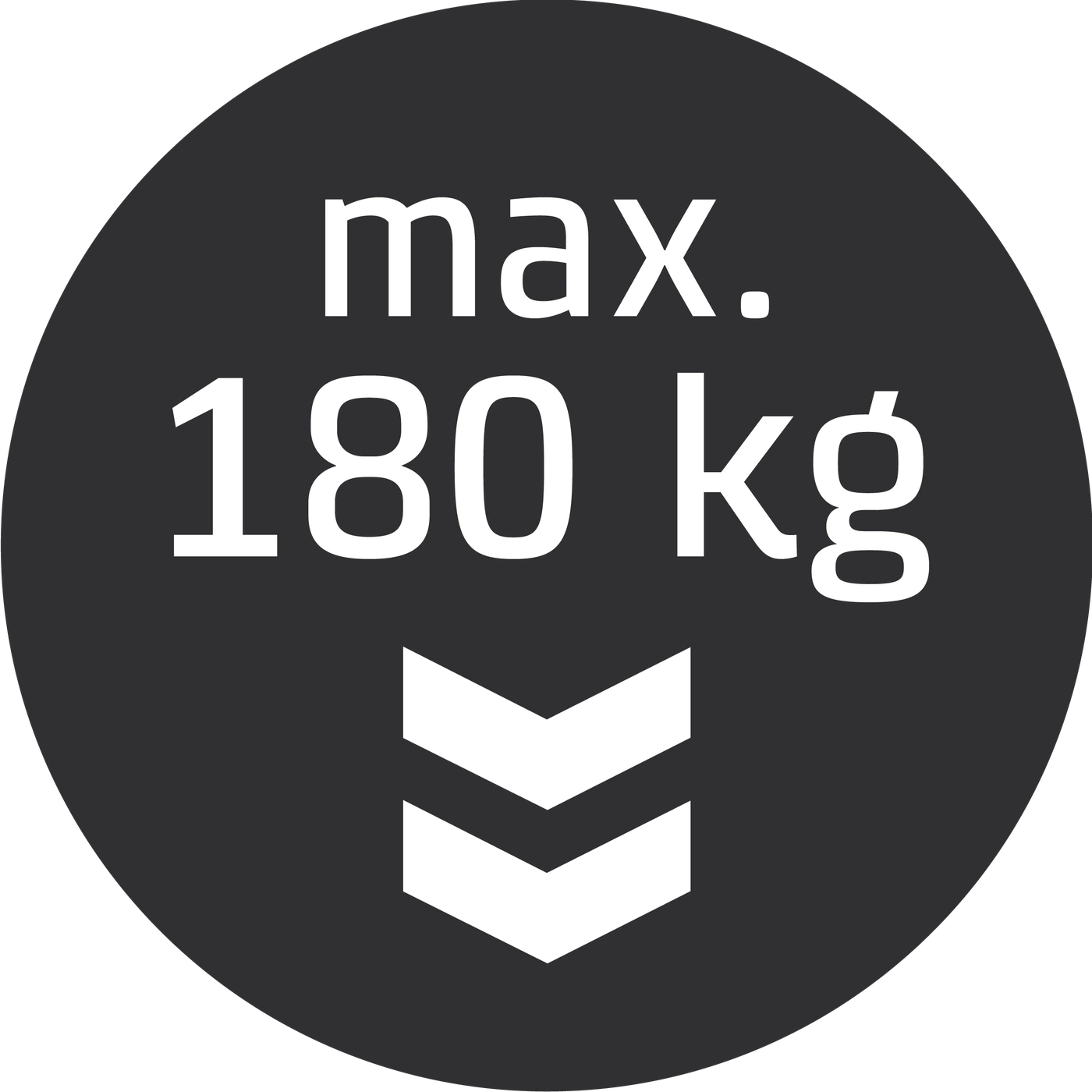 Maximalgewicht 180 kg, Pfeil nach unten, schwarzer Hintergrund, weißer Text
