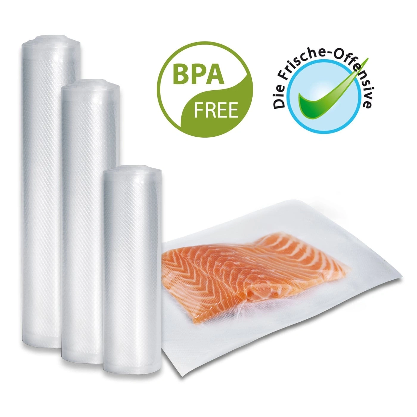 Vacuum bags with salmon fillet and BPA-free seal for fresh food preservation.