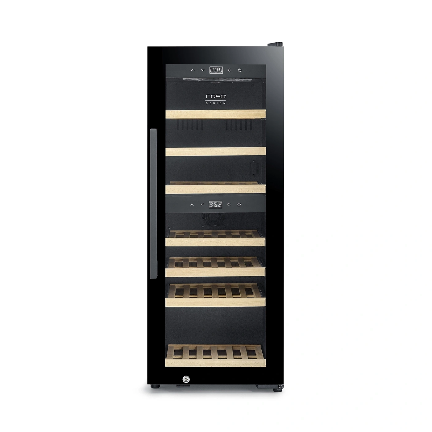 Ein schwarzer Weinkühlschrank mit Holzböden und digitaler Anzeige.