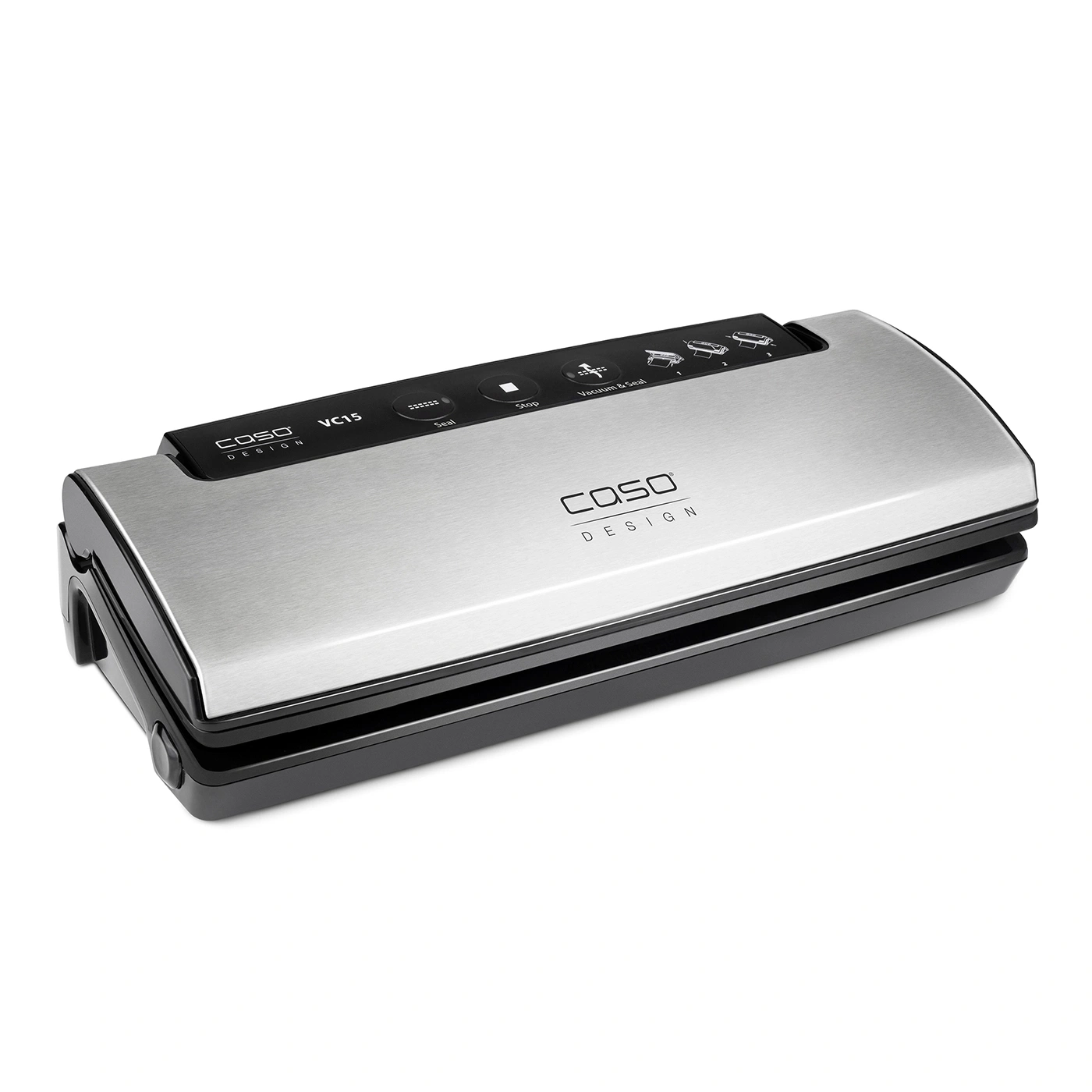 Caso VC15 vacuum sealer, silver, with control panel and logo, isolated on white background