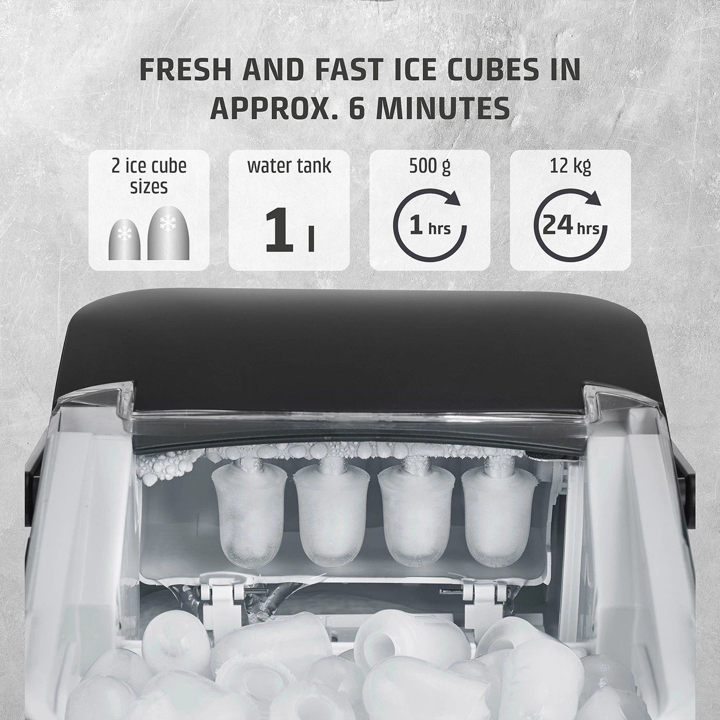 Ice cube machine with 2 ice cube sizes, 1 liter water tank, 500g/h, 12kg/24h.