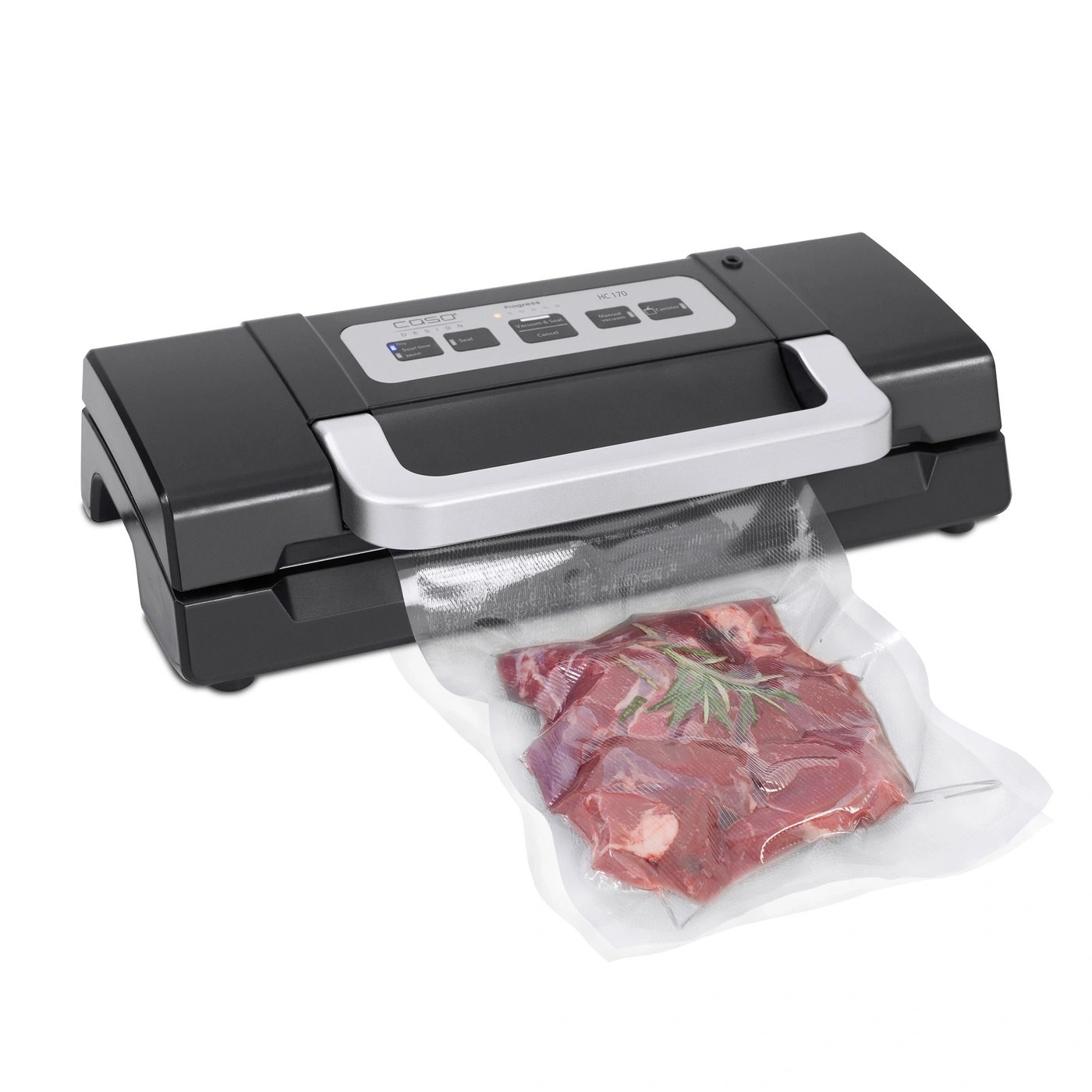Vacuum sealer with meat in a bag. Black and silver. Caso Design. HC 170.