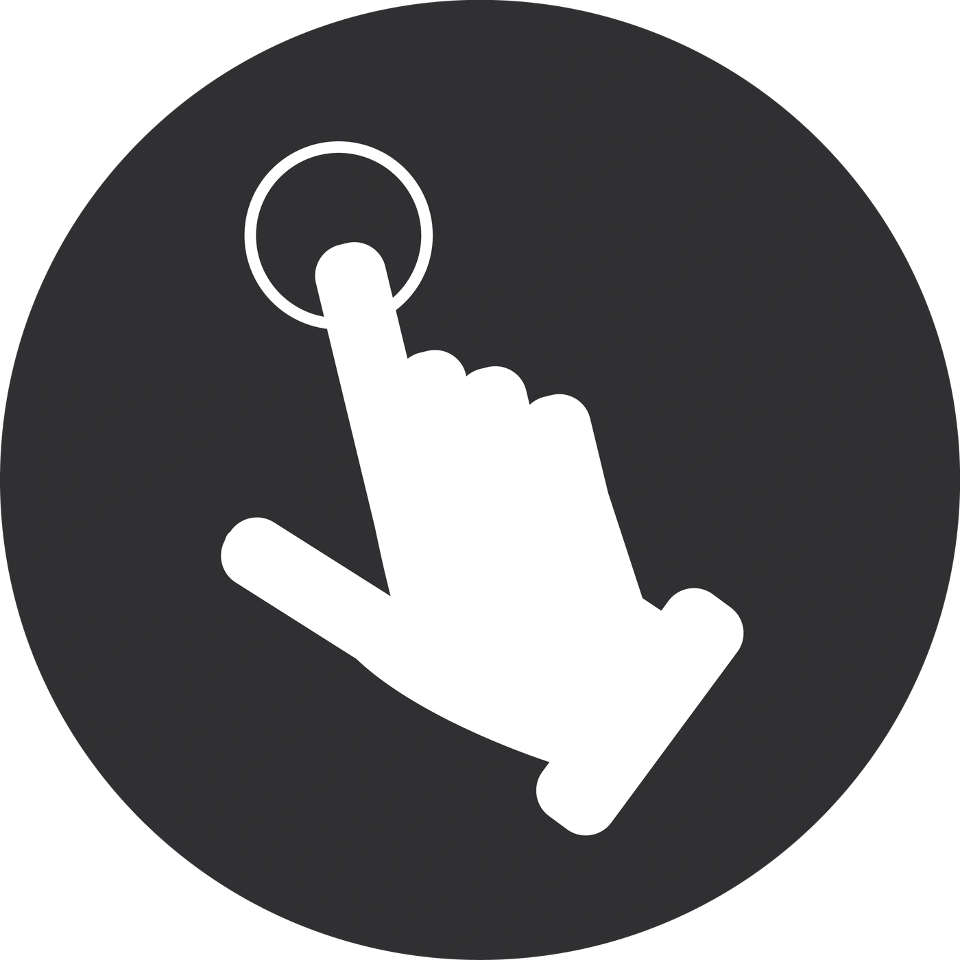 White finger pointing at a circle on a dark background, touch icon