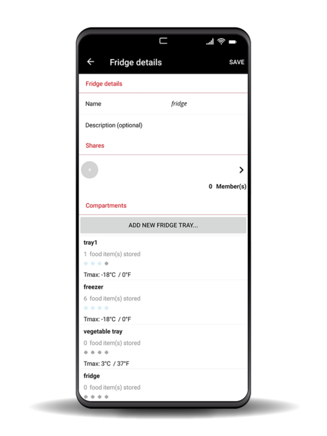 Mobile app displaying fridge details: name, description, shares, and compartments.