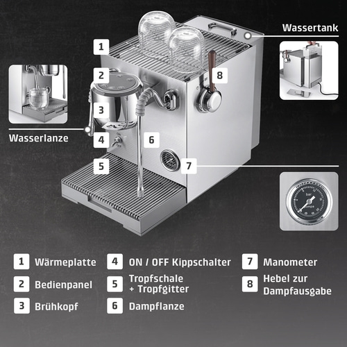 Kaffeemaschine mit nummerierten Teilen und Beschriftungen in Deutsch und Englisch.