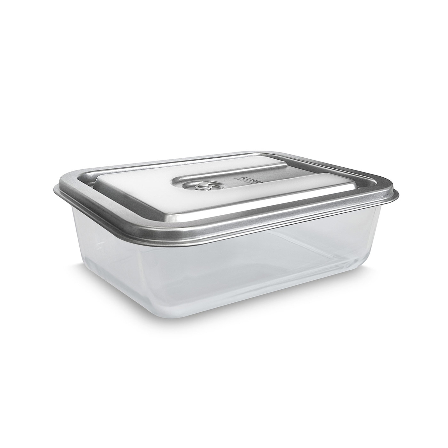 Transparent rectangular storage box with metal lid