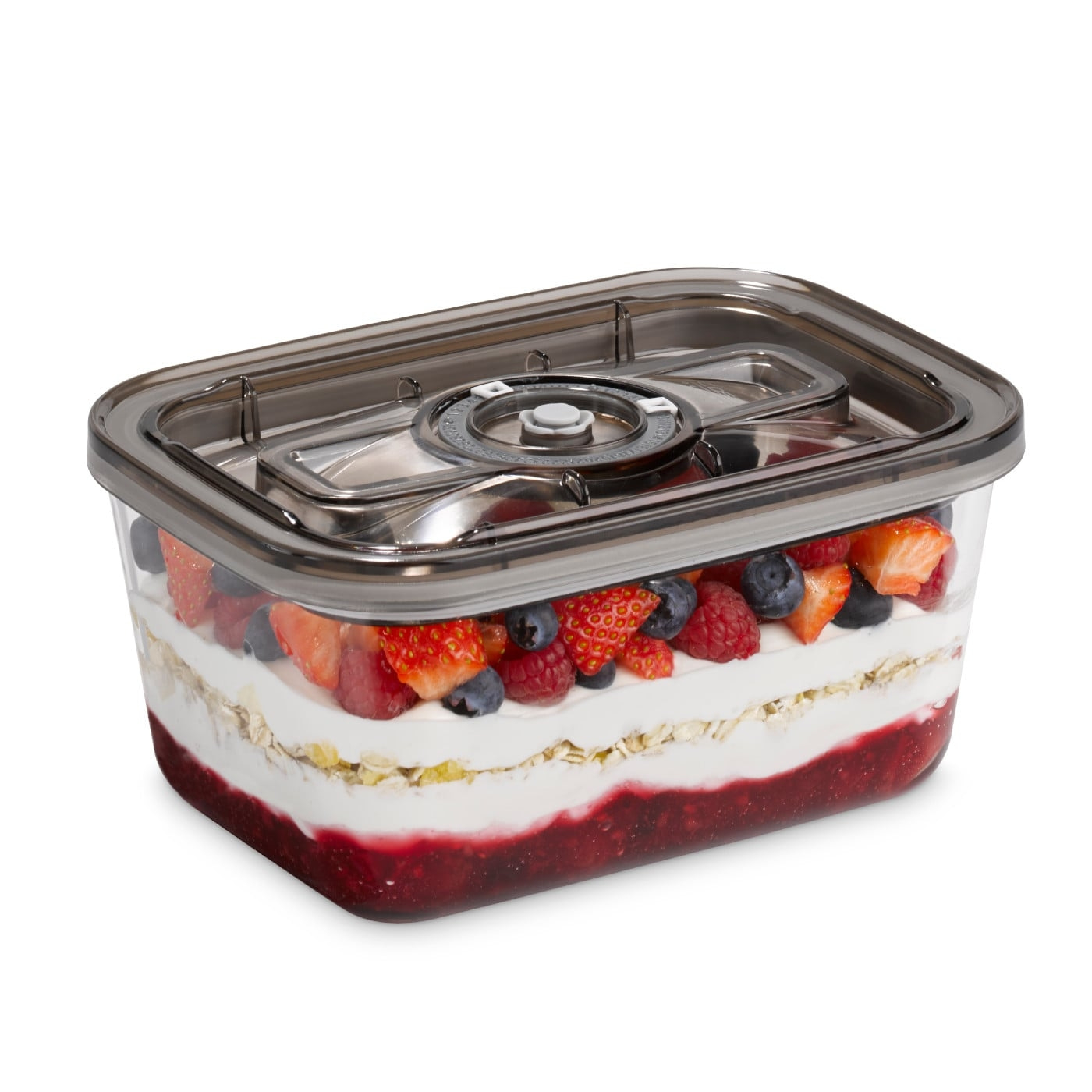Container with berries, yogurt, and oats, delicious and fresh food