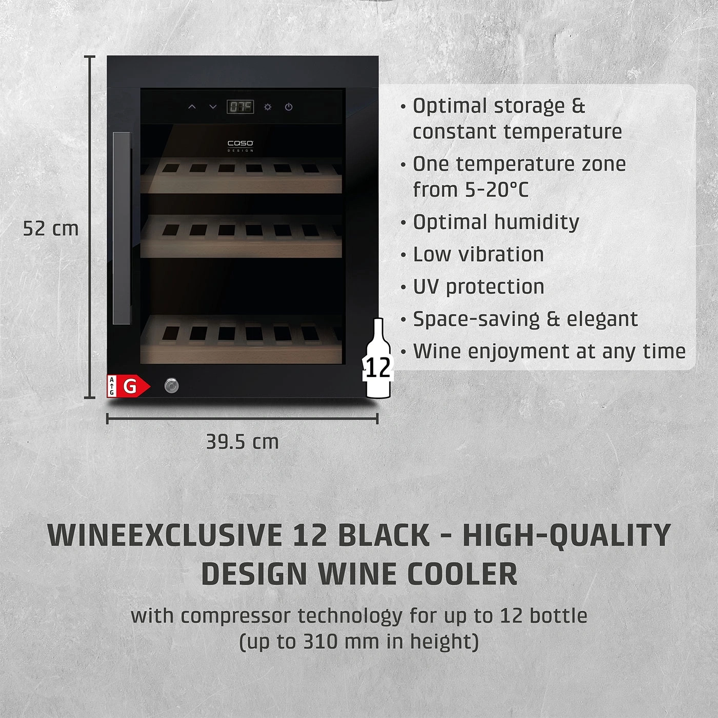 Wine cooler for 12 bottles, 52 cm high, 39.5 cm wide, black, elegant, wine