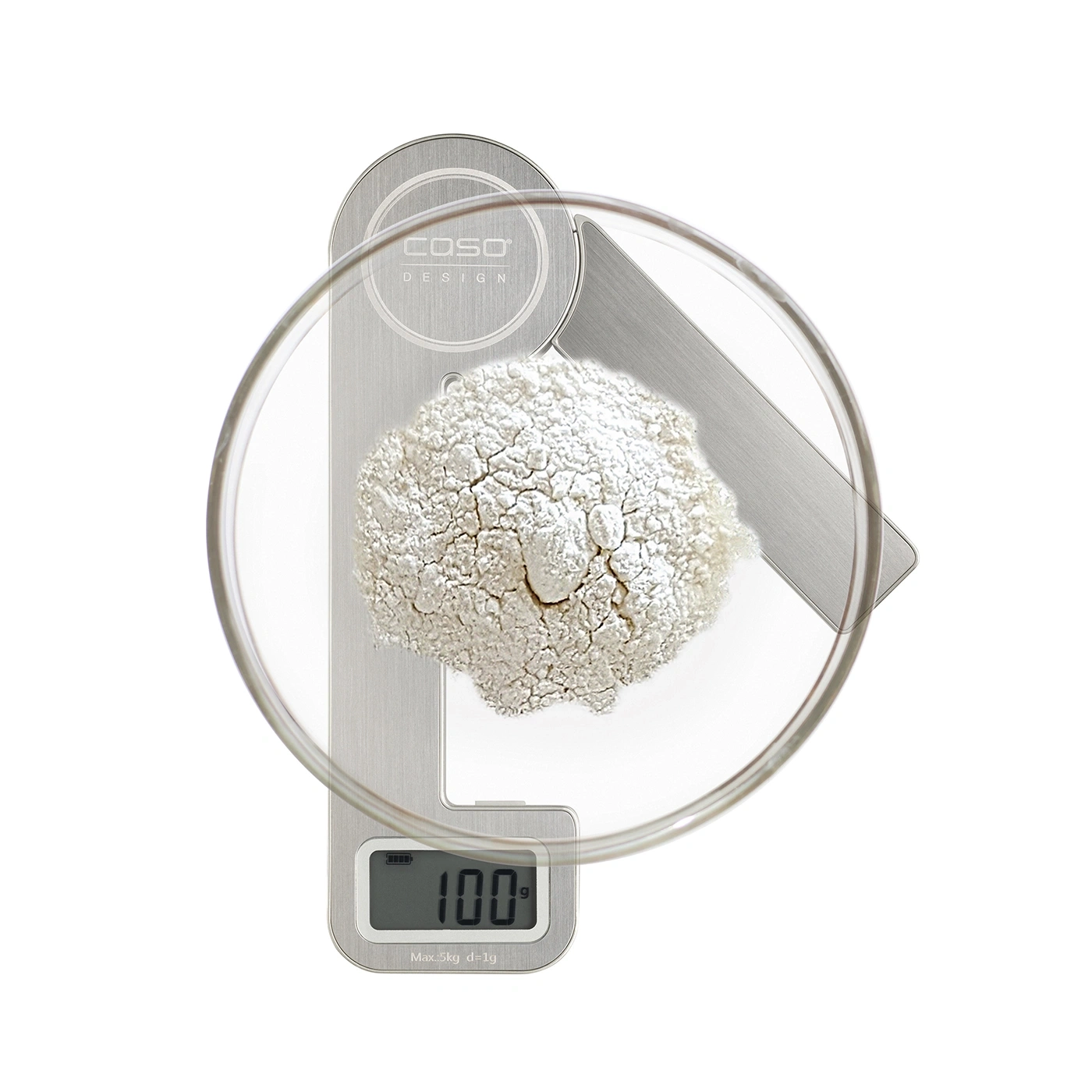 Scale with flour in a glass bowl, showing 100g, isolated on a white background.