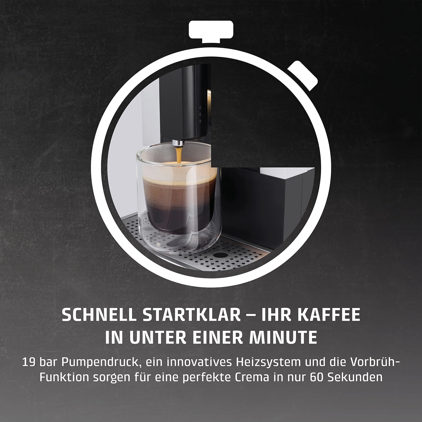 Kaffeemaschine mit Text: Schnell startklar in unter einer Minute.