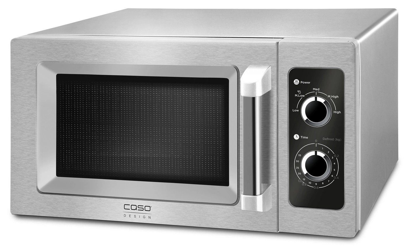Stainless steel microwave with control panel and dials for power and time settings.