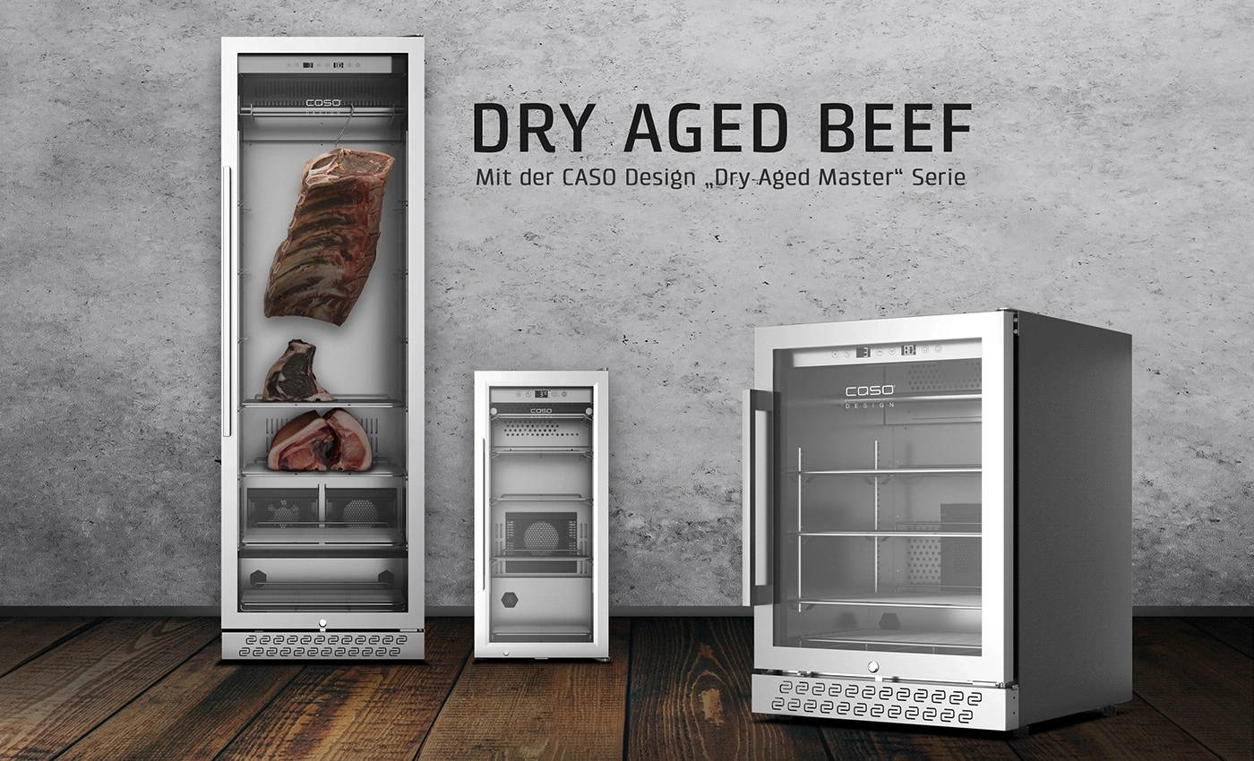 Dry aged beef in Caso Design Dry-Aged Master series refrigerators, showcasing the product.