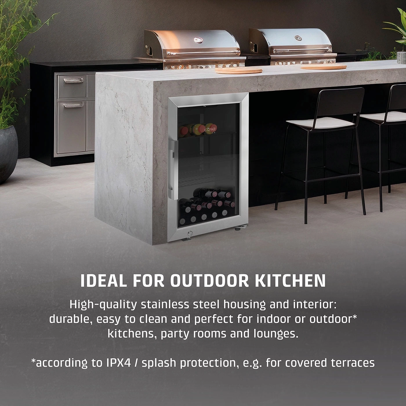 Outdoor kitchen with wine fridge, stainless steel, ideal for terraces and lounges.