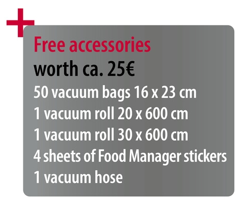Free accessories worth approx. 25€: vacuum bags, rolls, stickers, and a hose.
