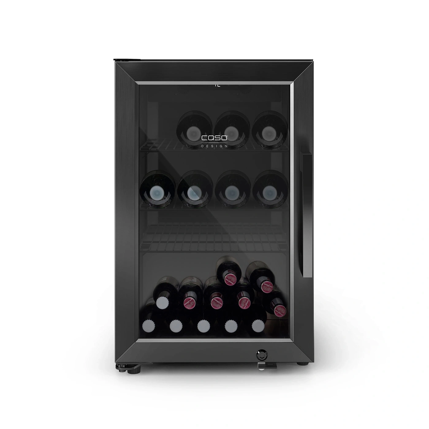 Ein schwarzer Weinkühlschrank mit Glasfront und mehreren Flaschen Wein.