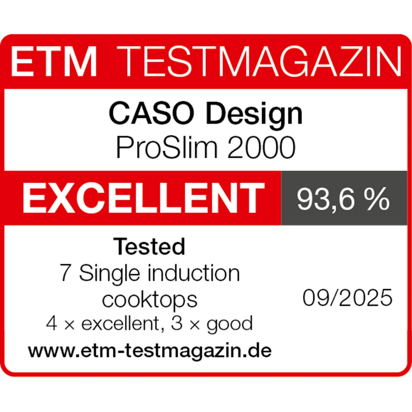 ETM Test Magazine rating for CASO Design ProSlim 2000, Very Good, 93.6%, valid until 09/2025