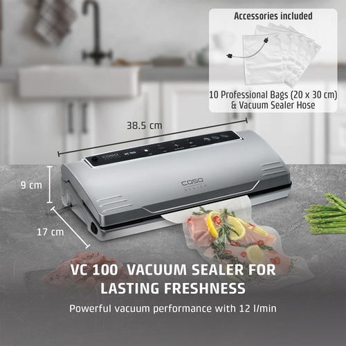 Vacuum sealer with accessories, dimensions, and text for fresh food preservation.