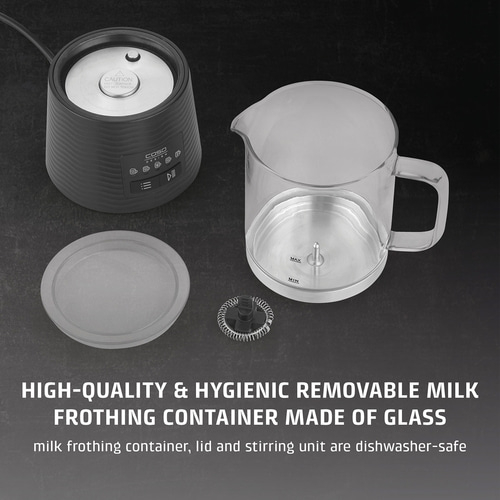 Milk frother with glass container, lid, and whisk. Hygienic and dishwasher safe.